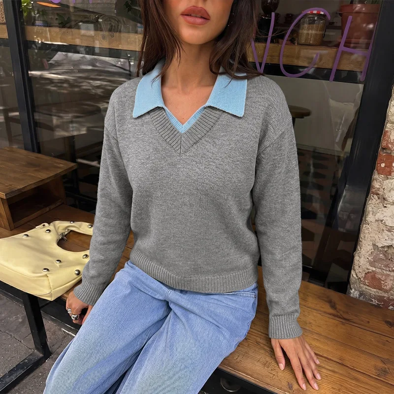 Women Knitted Pullovers Sweaters Color Blocked Jumpers Fake Two Pieces Turn Down Collar Long Sleeve Loose Fit 2026 Autumn Winter
