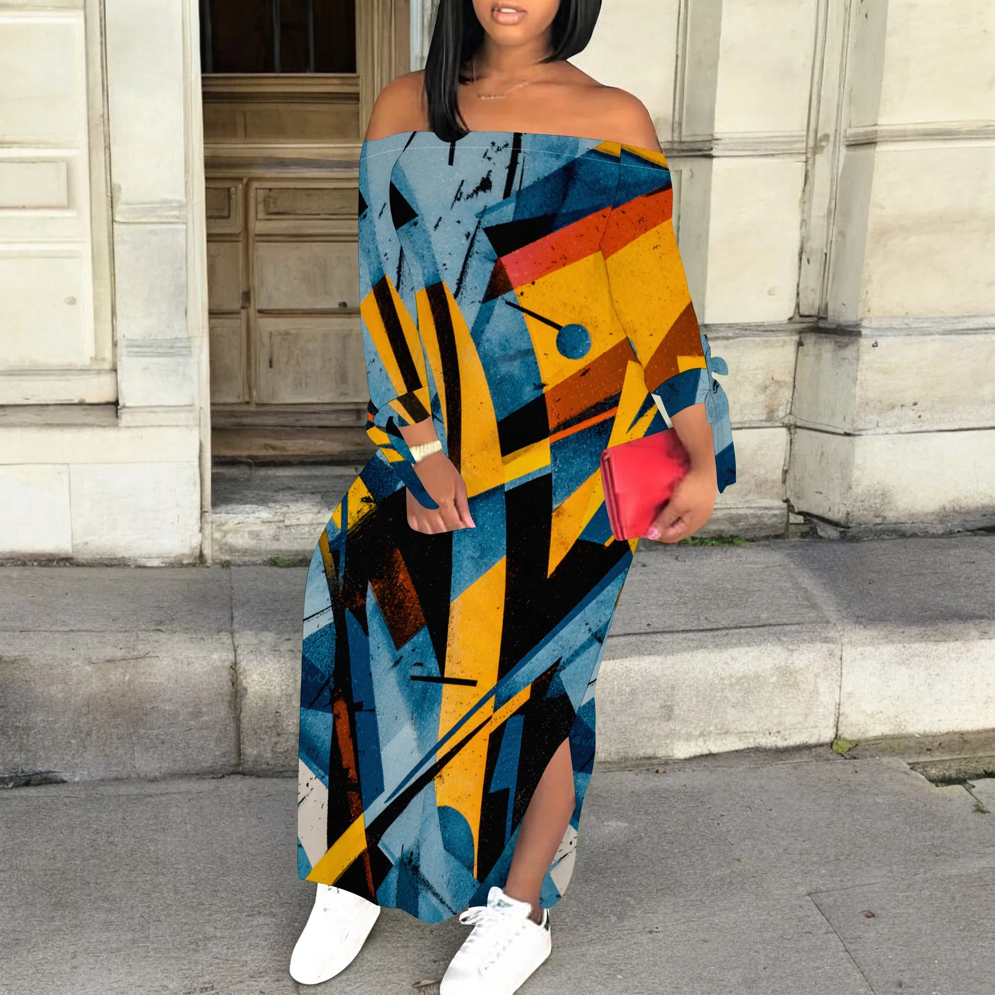 

"Off-Shoulder Geometric Print Maxi Dress for Women, S-3XL, Vibrant Abstract Art Dress, Perfect for Summer Parties & Events"