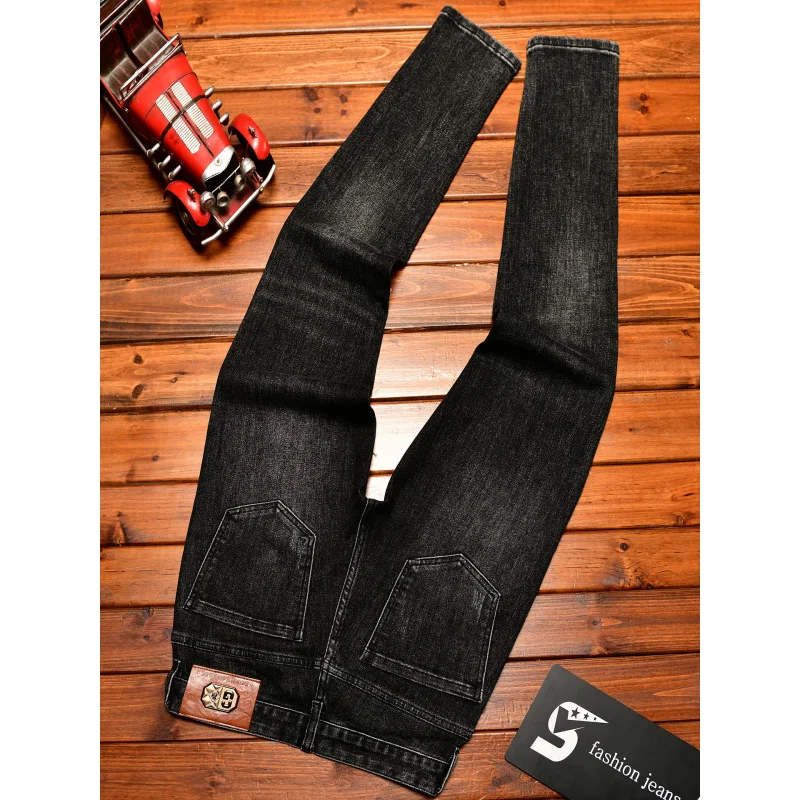 高級刺繍プリントライトラグジュアリーデニムメンズ、秋、スリムフィット、カジュアルトレンド、ブラックグレーパンツ