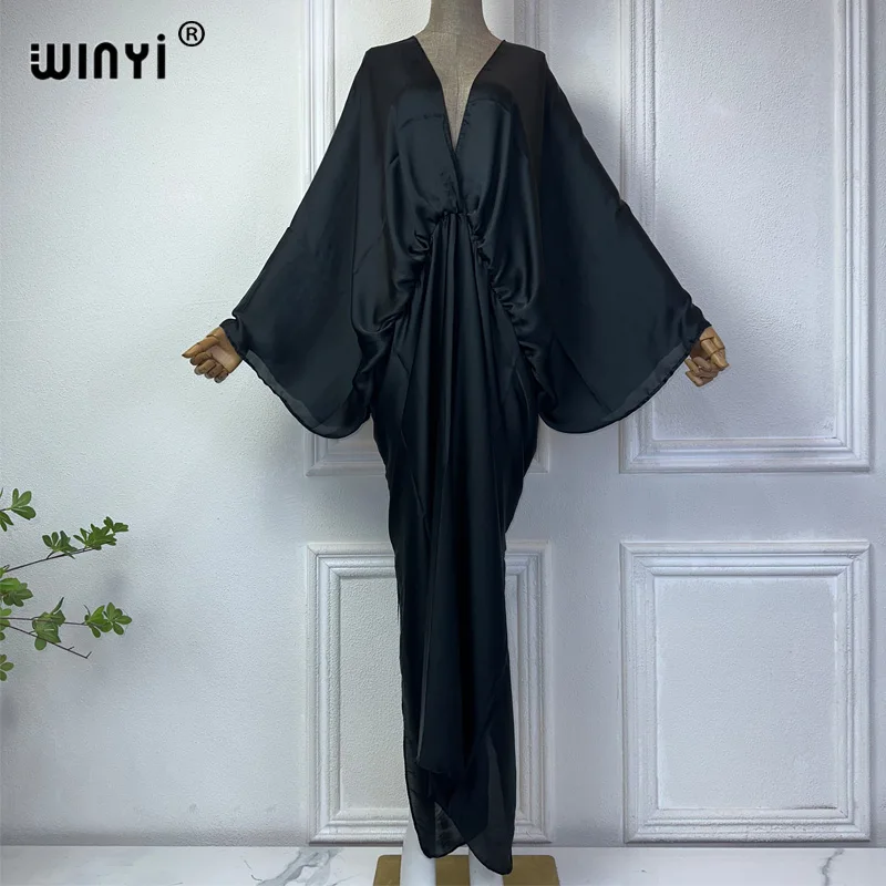 WINYI baju renang monokrom elegan baju pantai wanita baju V-neck musim panas pakaian wanita mode gaun panjang Bawah