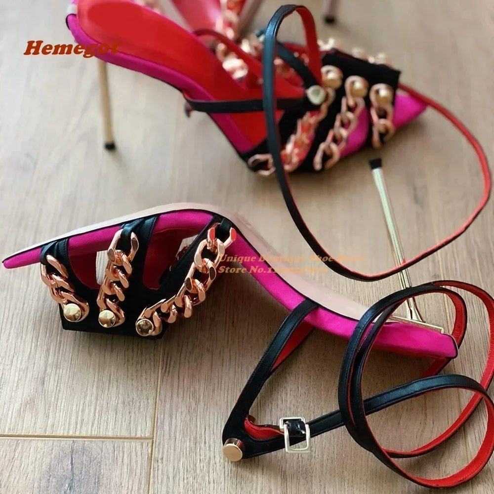 

Purple Metal Chain Sandals Pointed Toe Strange Style Cross Strappy Sandals for Women 2025 New Design Buckle Elegant Ladies Sexy