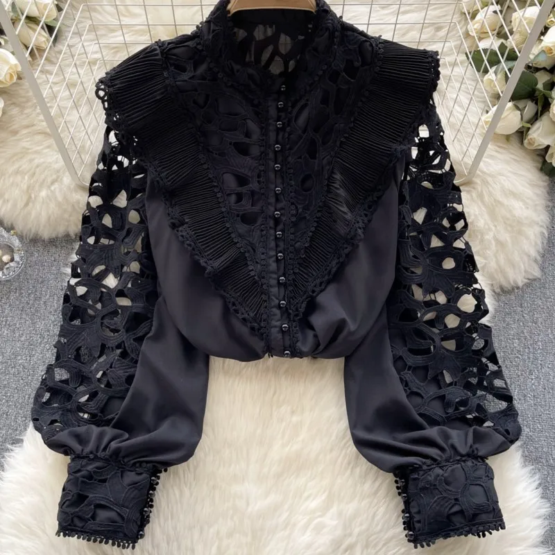 New Fashion Elegant Hallow Out Solid Tops for Women Vintage Sexy Casual Ruffler Shirts Blouses Long Sleeve Female Party Blusa