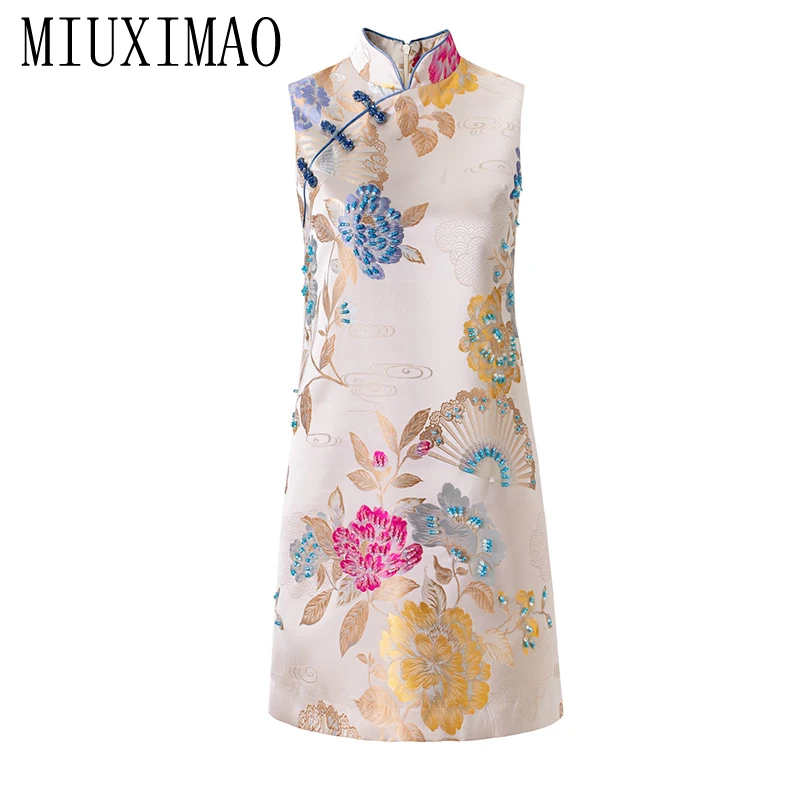 MIUXIMAO 2026 Chinese styles Slim Spring Summer Dress Pink Flower Leaf Jacquard A-Line Mini Diamonds Dress Women Vestido Fashion