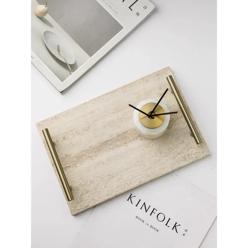 Nordic style natural travertine storage tray light luxury gold handle storage tray desktop aromatherapy pad tray household decor