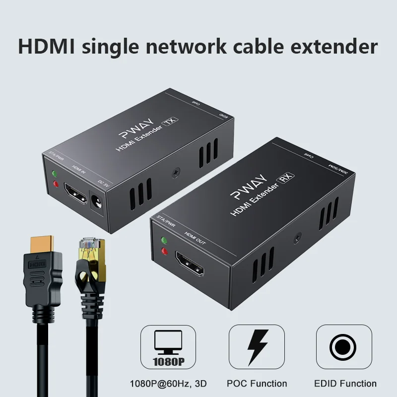 Extensor HDMI listo para reuniones, envía vídeo sin comprimir de 1080p a 60 Hz sobre Cat5 o Cat6. Funciones de EDID y POC incluidas