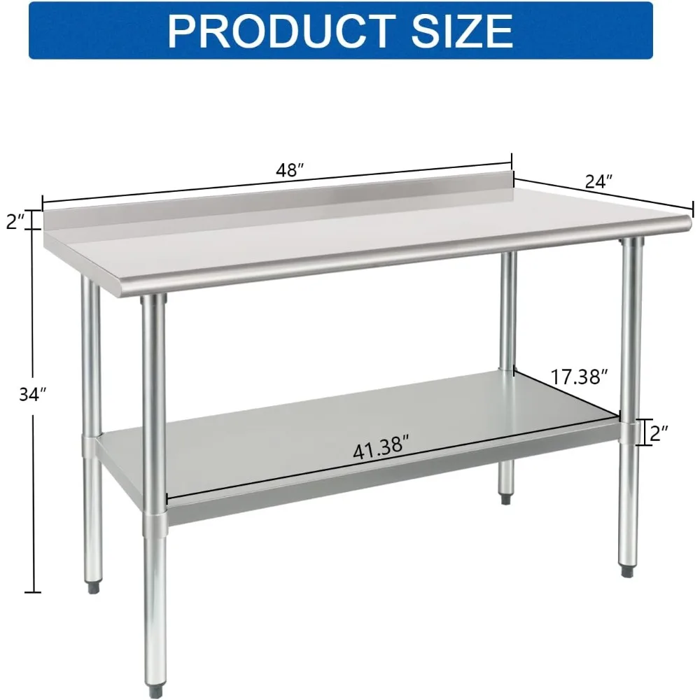 Mesa de preparação e trabalho de aço inoxidável 24 x 48 polegadas NSF comercial resistente com undershelf e backsplash para descanso