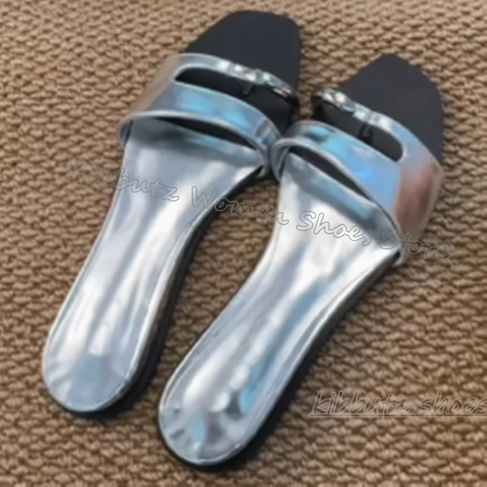 

Metal Decor Slipper Sandal Leather Slip-On Square Toe Flat with Summer Fashion Elegant Sexy Comfortable Women Shoes Outdoor New