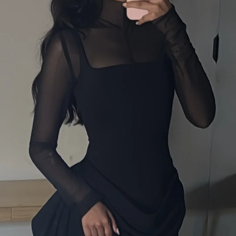 Stylish Lady Mesh See Long Sleeve Splicing Dress Elegant Evening Gown Women\'s 2026 New Luxury Boutique Club Party Dresses