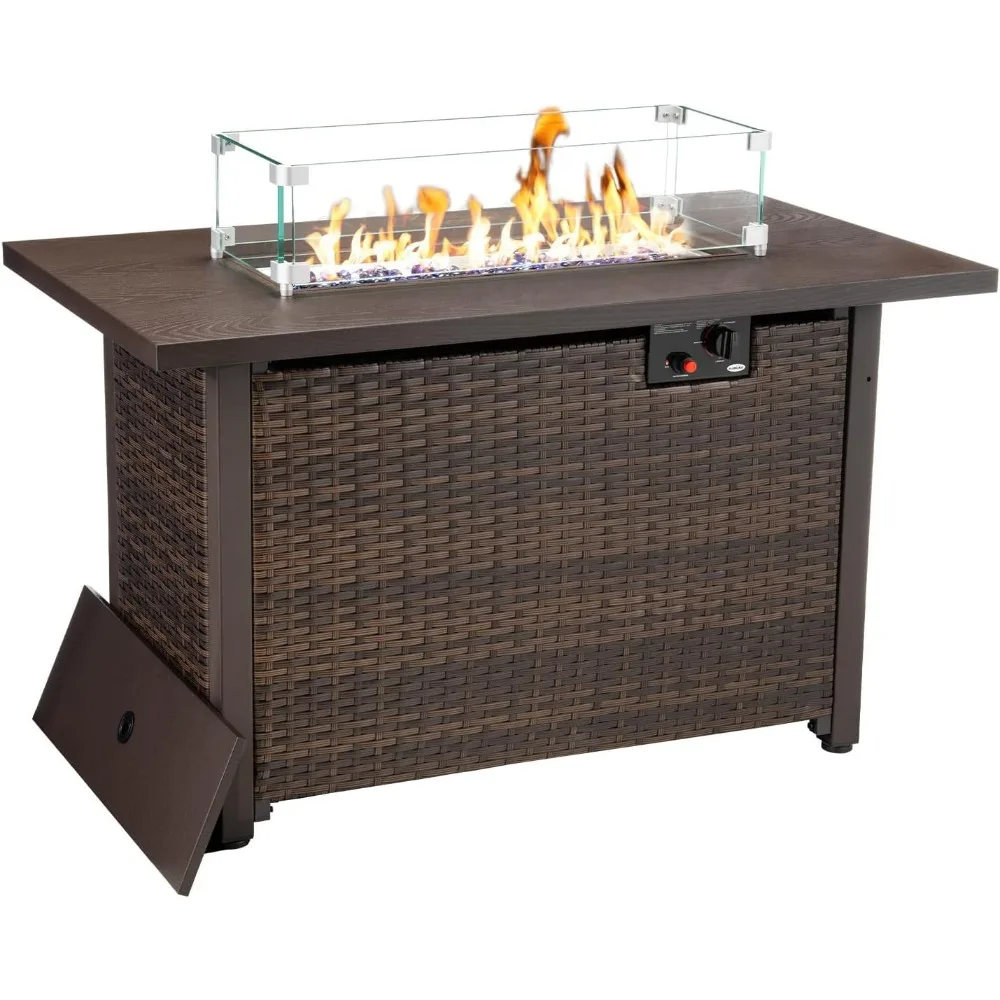 Fire Pit,Outdoor Propane Gas Fire Pit Table,gnition Gas Firepit with Glass Wind Guard, Alloy Wood Grain Tabletop, Fire Pit