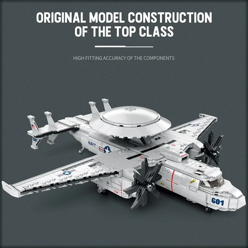 Bloques de construcción de avión de combate de la fuerza aérea militar para niños, juguete de ladrillos para armar Avión de advertencia temprana E2, ideal para regalo, 1144, piezas