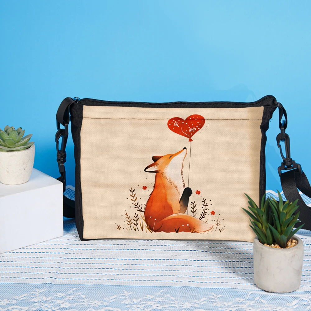 1pc Fox With Heart Balloon Crossbody Bag Beige Animal Print Shoulder Bags For Women Casual Daily Use Travel Shopping School Work