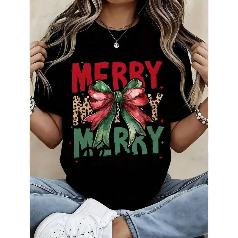 Men's Women's Fitted Lightweight Black Christmas T-Shirt - Leopard Print Bow, Holiday Design Apparel, Festive Streetwear Casual Top, Seasonal Outfit