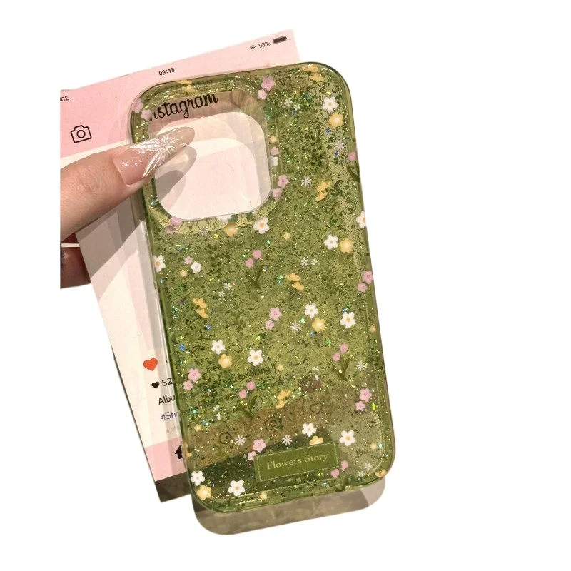 Luxurious green floral sequin case suitable for iPhone 11 12 13 14 15 16 Pro Max cartoon phone case protective cover view 2