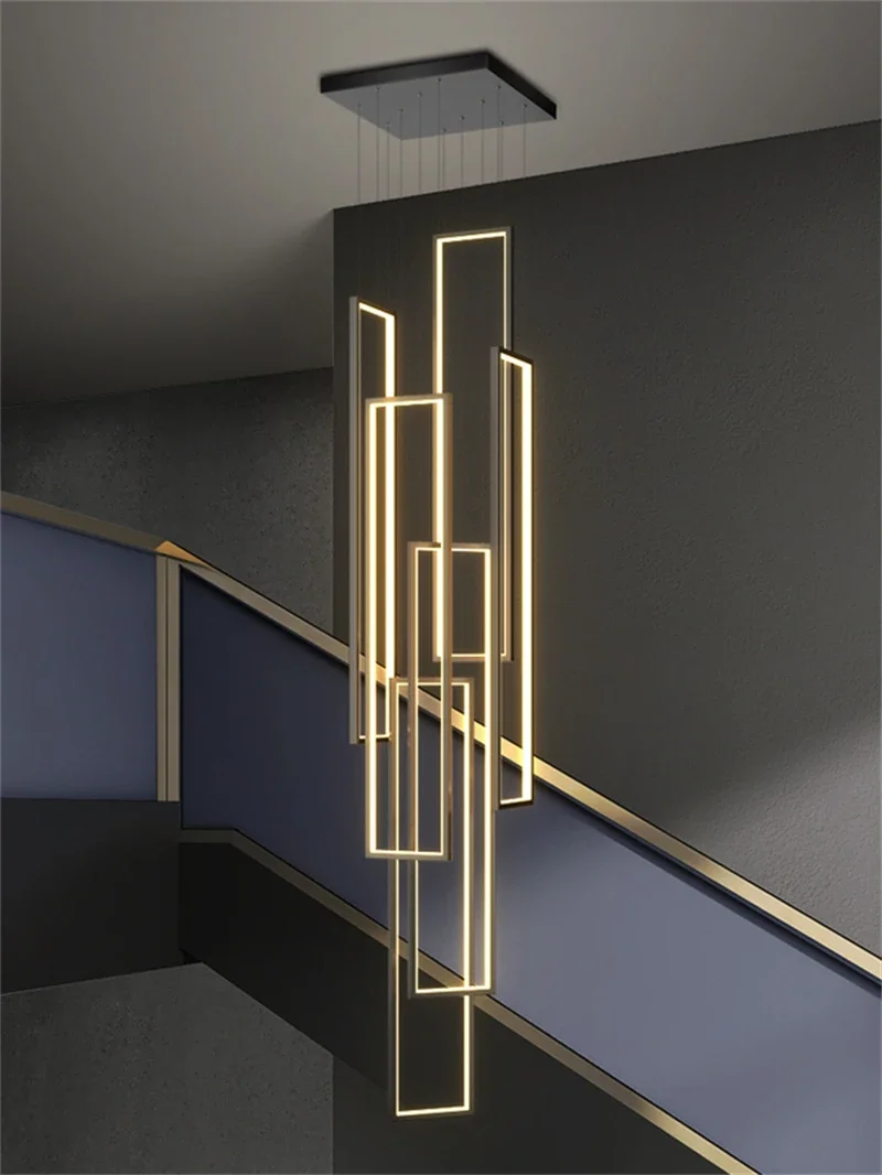 

Nordic Luxury Geometric LED Chandelier Staircase Villa Duplex Creative Black Gold Hanging Lamps Attic Living Room Lighting Decor