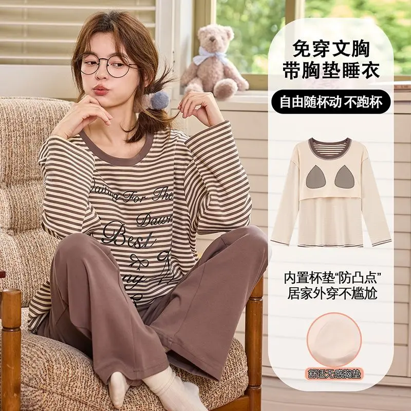 

2026 Spring Long Sleeve Casual Striped Cotton Pajama Sets for Women Korean Loose Sleepwear Pyjamas Homewear Pijama Mujer Clothes