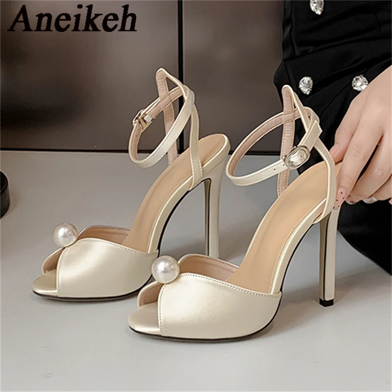 Aneikeh pantofole estive in PU sandali con punta aperta sandali con perle da festa scarpe per donna tacchi alla moda Concise Shallow Gold 2024 nero