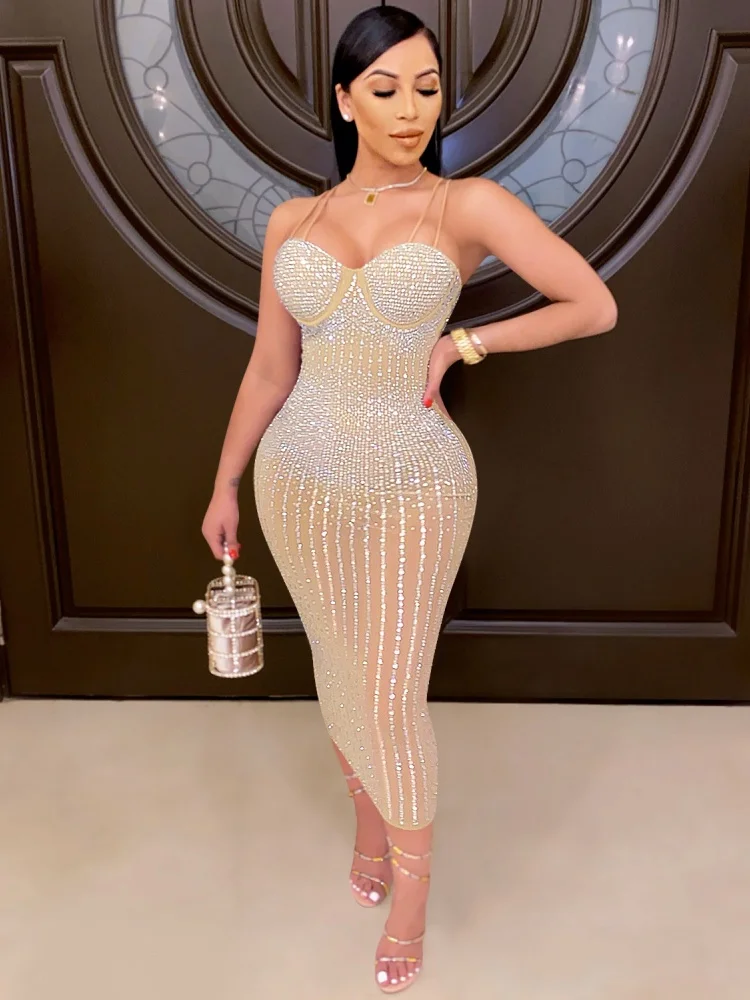 Sister Star Fashion Sexy Hottie Mesh Durchsichtiges Hot Strass Strass Neckholder Kleid Großhandel Nachtclub Party Kleider