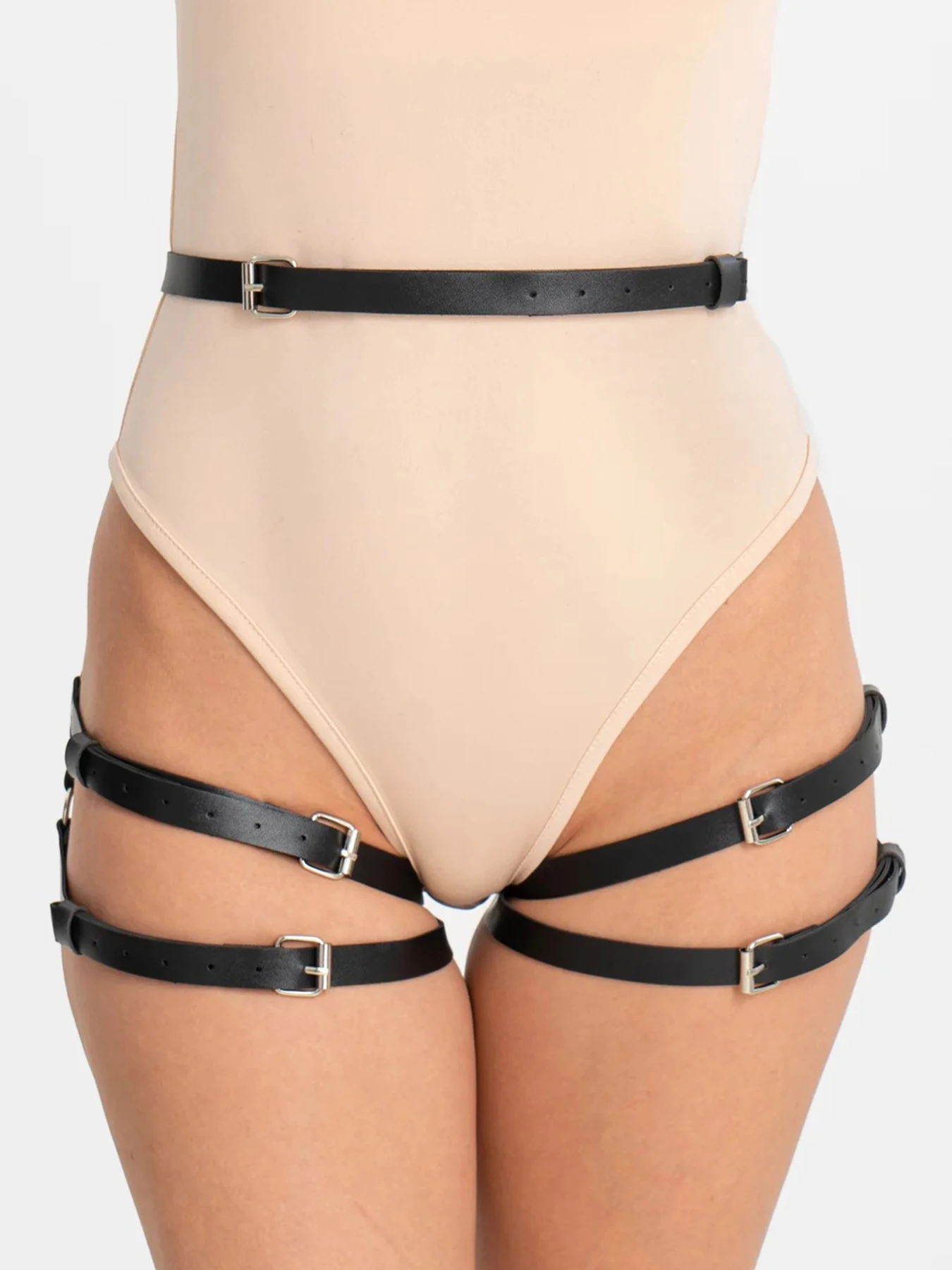 Black Thigh Harness - Women's Faux Leather Leg Garters with Metal Rings - Adjustable Gothic Punk Rave Outfit