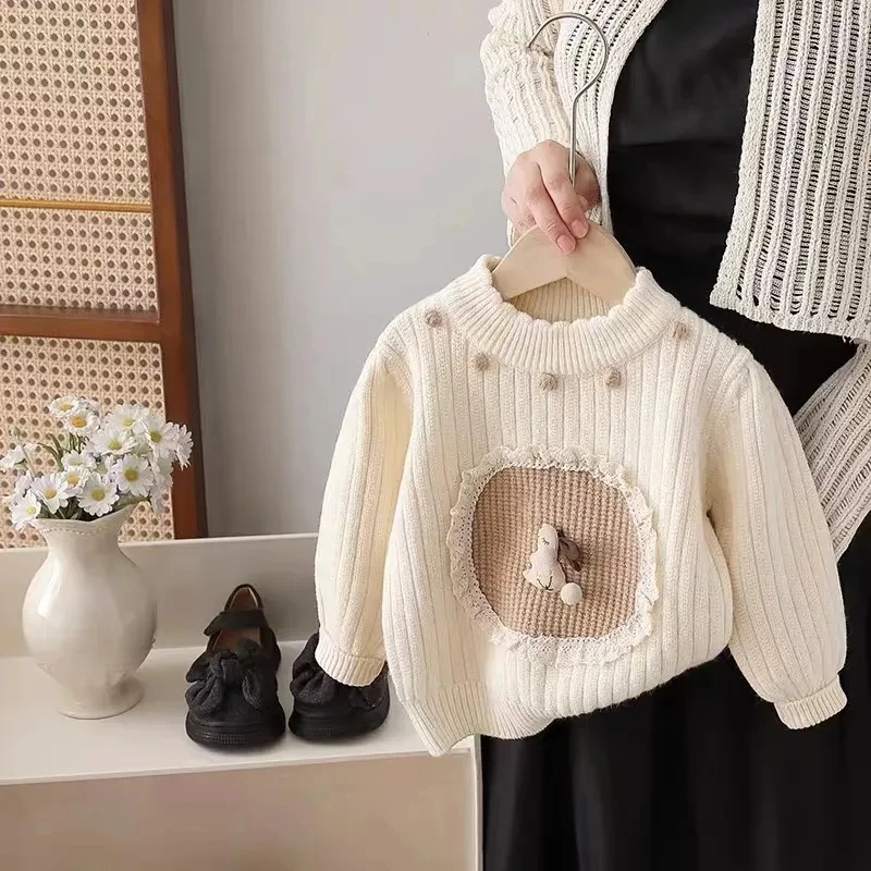 

Baby Girl Sweater Spring and Autumn Children's Thickened Warm Velvet Knitted Top Girl Bottom Sweater