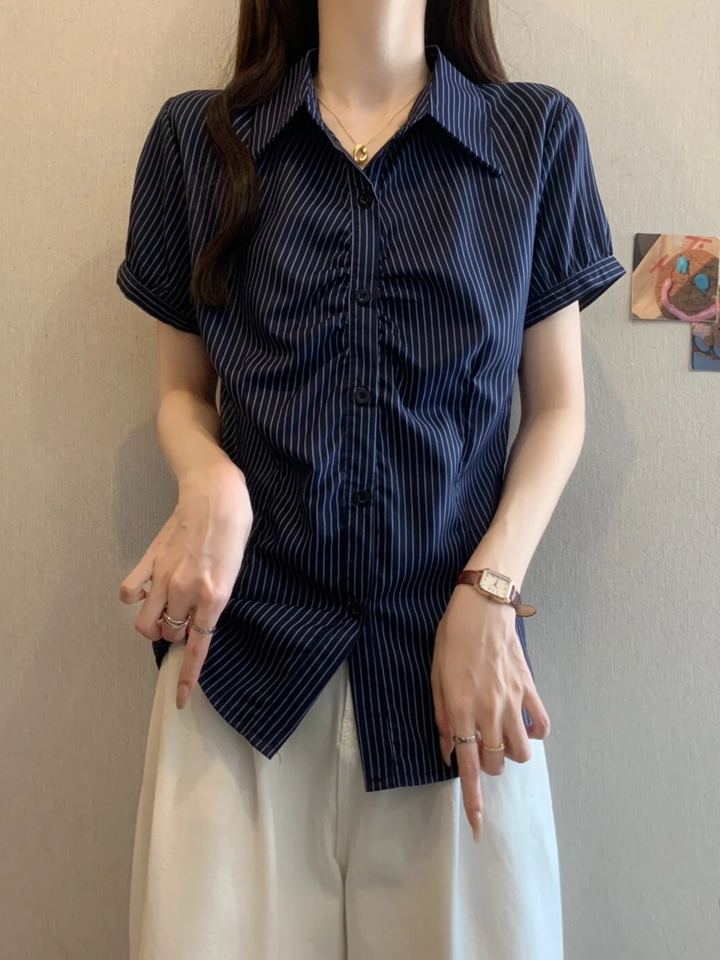 

Slim Fit Women's Short Sleeve Shirt Striped Regular Shoulder Padded Base Layer Top Korean Style Commute Fashion Summer Wear