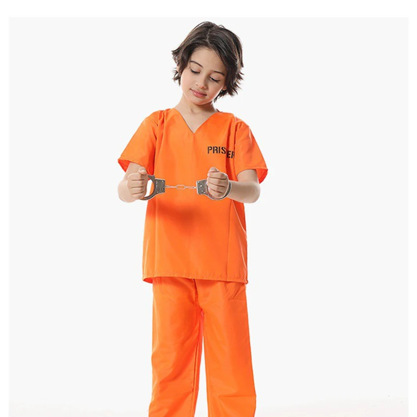 Prison Convict Cosplay Prisoner Uniform Suit Halloween Costume for Kids Carnival Handcuffs Disguise Prop Fancy Party Dress