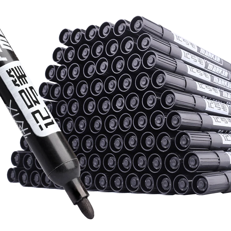 A set of 10 large-tip black ink marker pens for non-erasable marking and notation