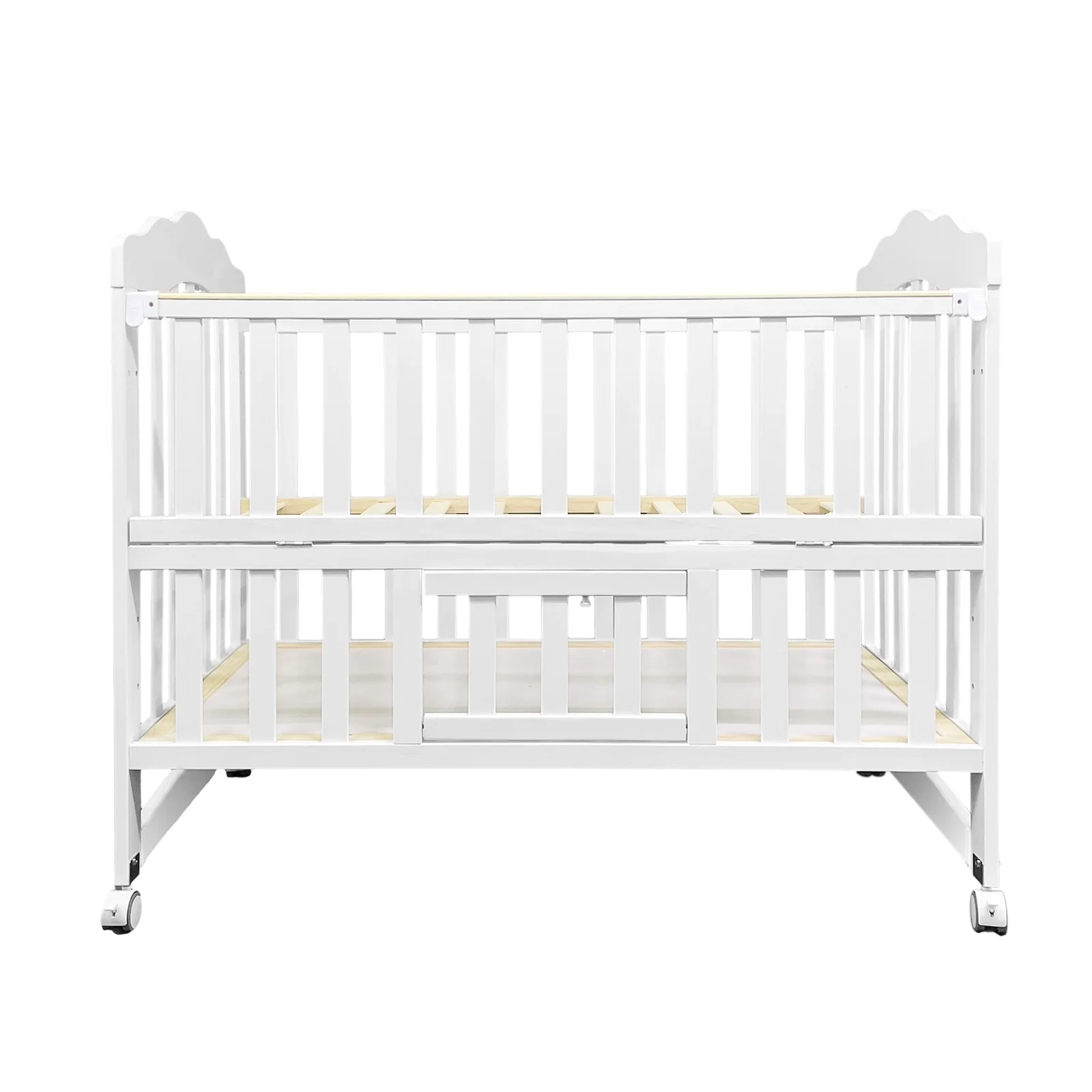 In stock modern wheels mobile adjustable height mosquito net new born wooden bed side baby cot bed with storage