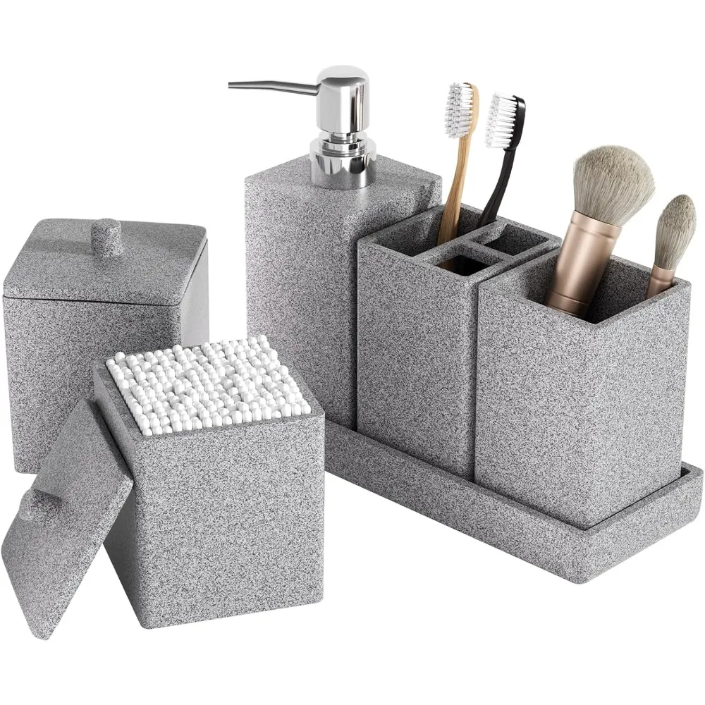 

Gray Bathroom Accessories Set Resin 6PCS, Square Toothbrush Holders Set Complete with Soap Dispenser, Vanity Tray, Tumbler,