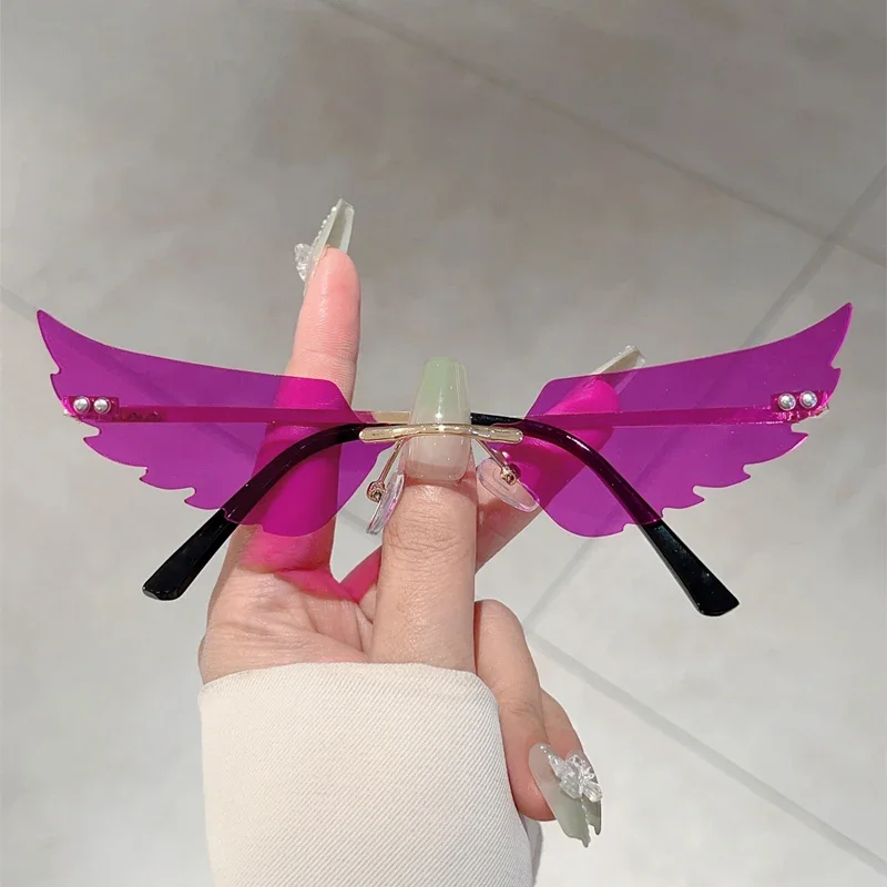 KAMMPT Rimless Wings Shaped Sunglasses New Fashion Decorative Rave Sun Glasses Women Stylish Trendy Design Beach Vacation Shades