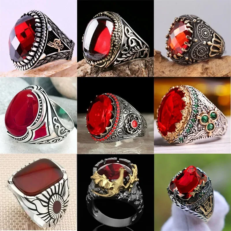 2025 New Inlaid Red Emerald Men\'s Ring Turkey Retro Domineering Personality Ring To Attend The Banquet High-quality Jewelry