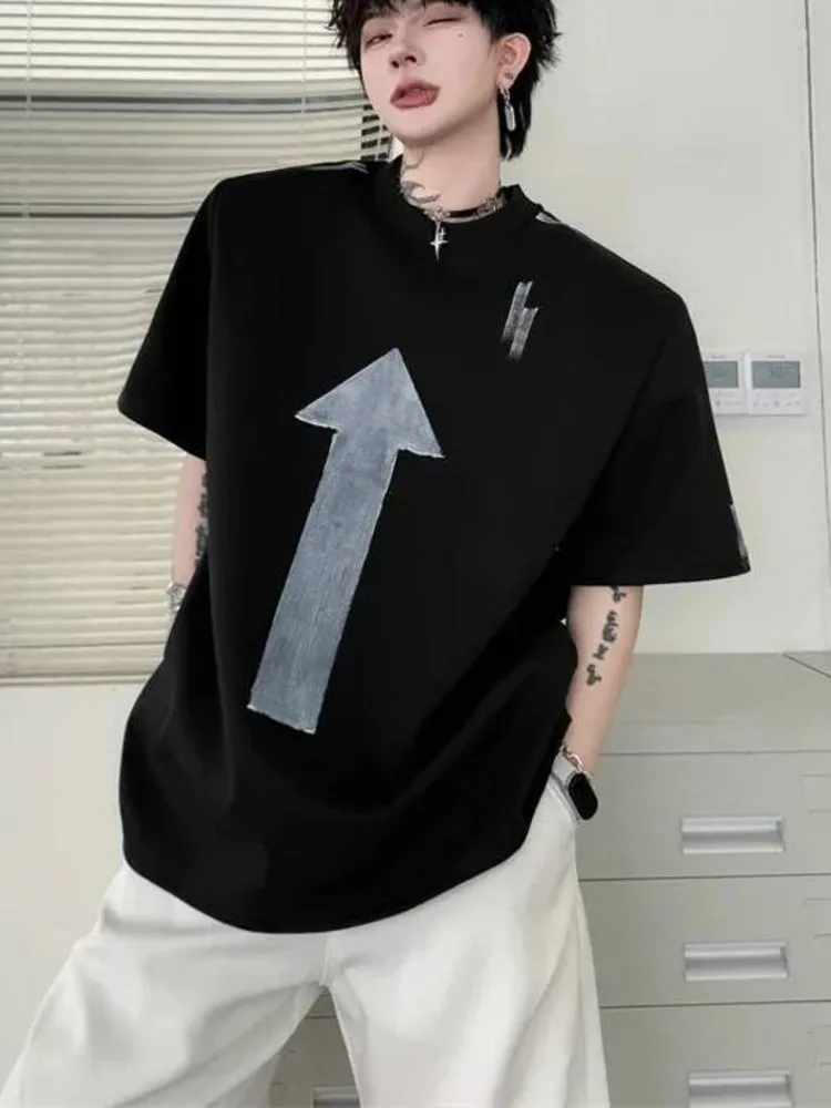 Black Round Summer Neck Men's T-shirt HandPainted Summer Loose Black Short Sleeve Pullover Tops 9C0J