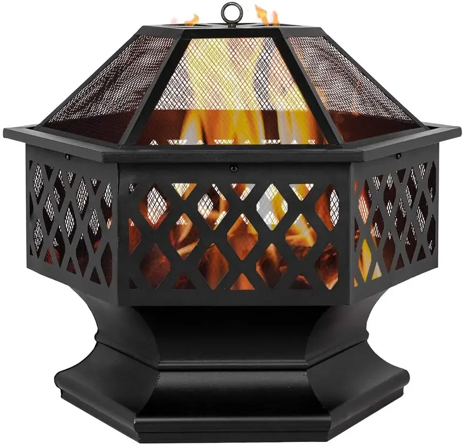 

Outdoor Heavy Steel 24" Fire Pit | Wood Burning Hex Shaped Fireplace for Patio & Backyard