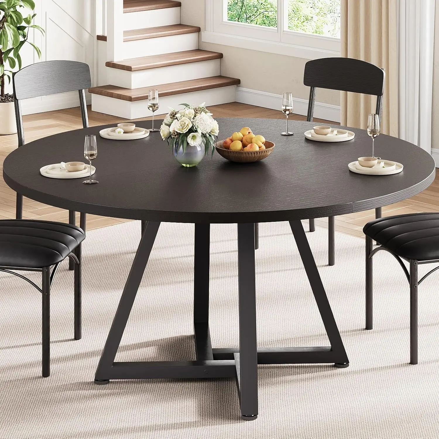 

47IN Round Kitchen Dining Table with Pedestal Metal Frame, Space Saving Wood Industrial Furniture for Small Space, Black