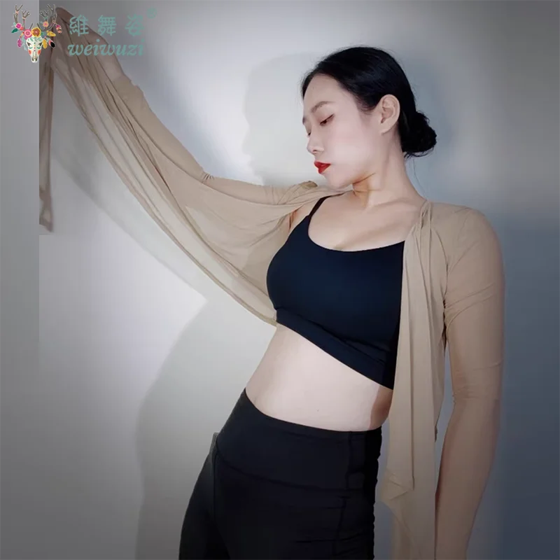 ชุดเต้นระบำหน้าท้องคอวีแขนยาวเสื้อตาข่ายนุ่มสบายเสื้อแฟชั่นสตรีเสื้อผ้าฝึกซ้อมเต้นฟลาเมงโก