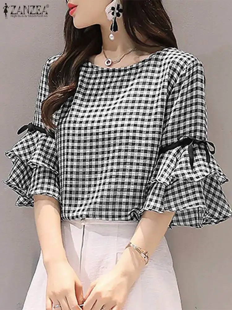 Korean Style Check Tops Women Summer Blouse ZANZEA 2023 Casual Lace-Up Flounce Sleeve Blusas Female O Neck Tunic Oversized Shirt