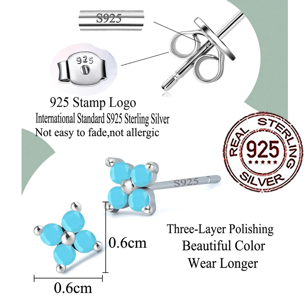 CWWZircons Mini-Piercing-Ohrringe aus 925er-Sterlingsilber, niedliche Blatt-Blume, blau, türkis, für Damen, Hochzeit, Party, edler Schmuck SE075 – Detail 2