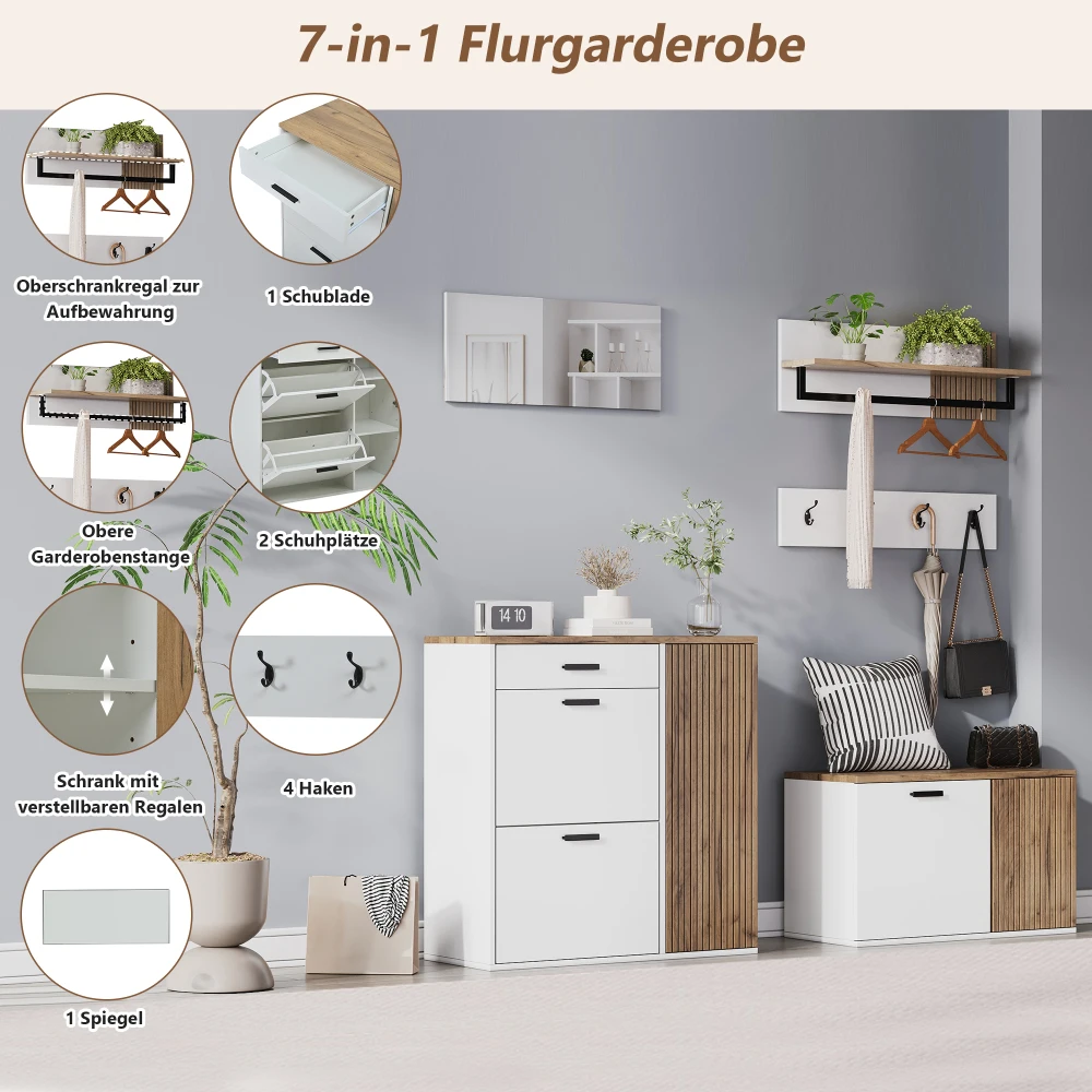 PINGGO 5-teiliges Eingangsbereich-Schuhregal-Set mit Schuhbank, Spiegel, Hängetasche und 4 Haken für Flur und Wohnzimmer – Detail 6