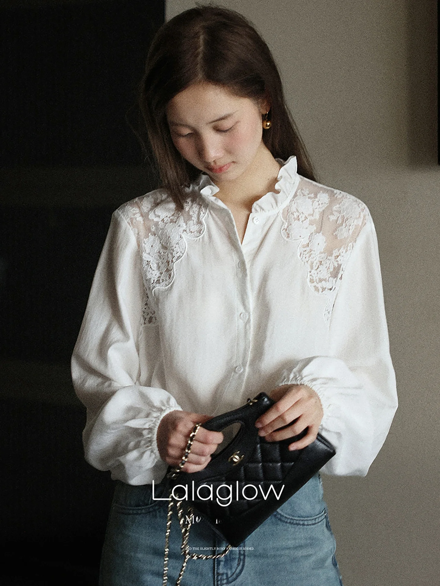 

Lalaglow Daylong Silk Hollow out Embroidery Women's Loose Slim Fit Shirt Spring Season French Style Long Sleeve Top