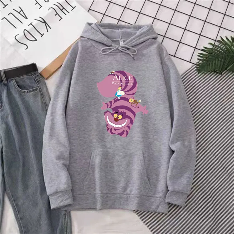 Cartoon Cheshire Cat Hoodie Fashion Alice in Wonderland Hoody Print Cute Cat Long Sleeve Hooded Pullover Womens Sweatshirt