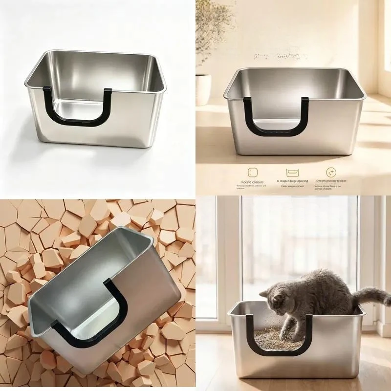 Multifunctional Stainless Steel Cat Litter Box Oversized Open Design Easy to Clean Splash Proof
