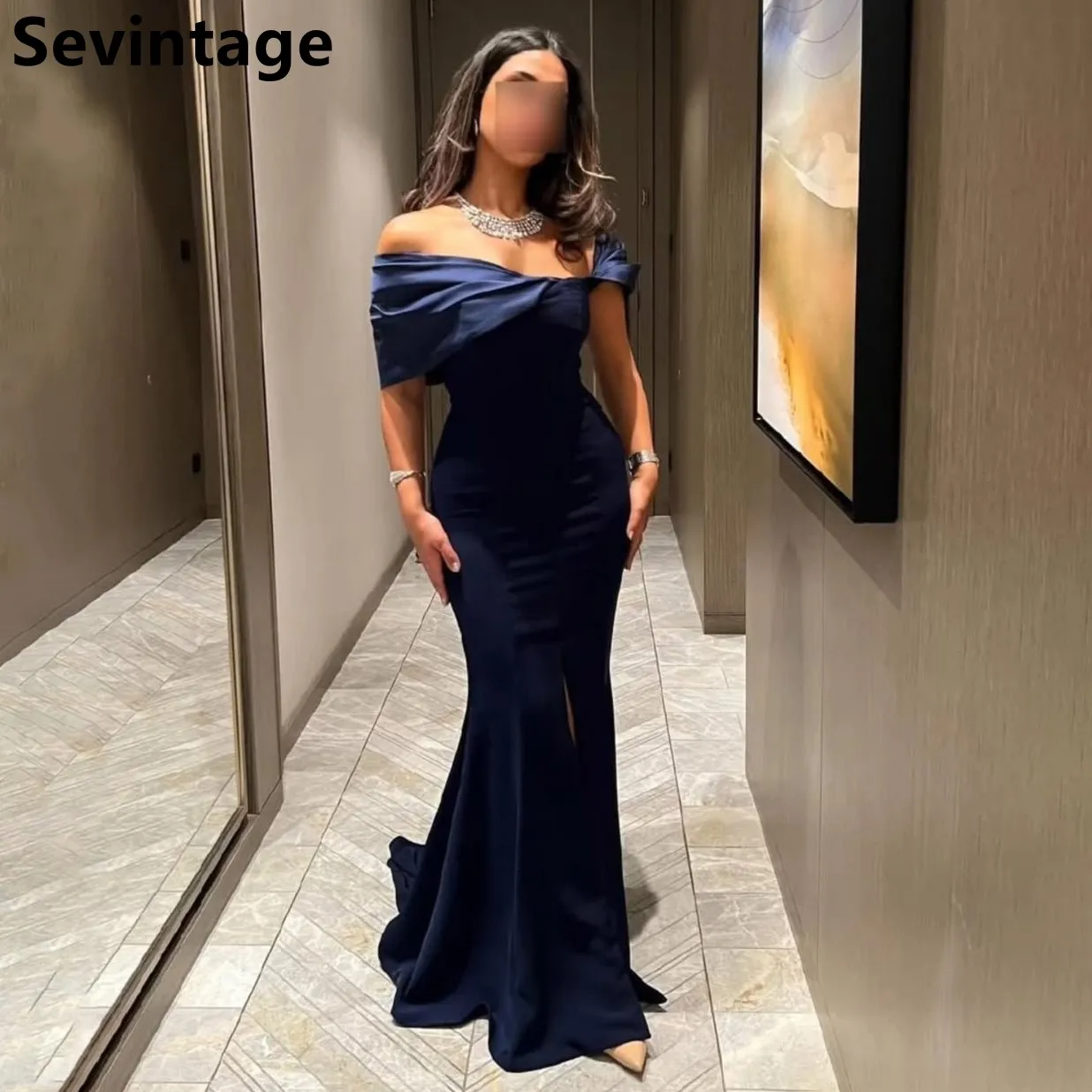 

Sevintage 2025 Mermaid Navy Blue Evening Dress Wedding Party Off Shoulder Slit Prom Dress Saudi Arabic Party Gown Customized