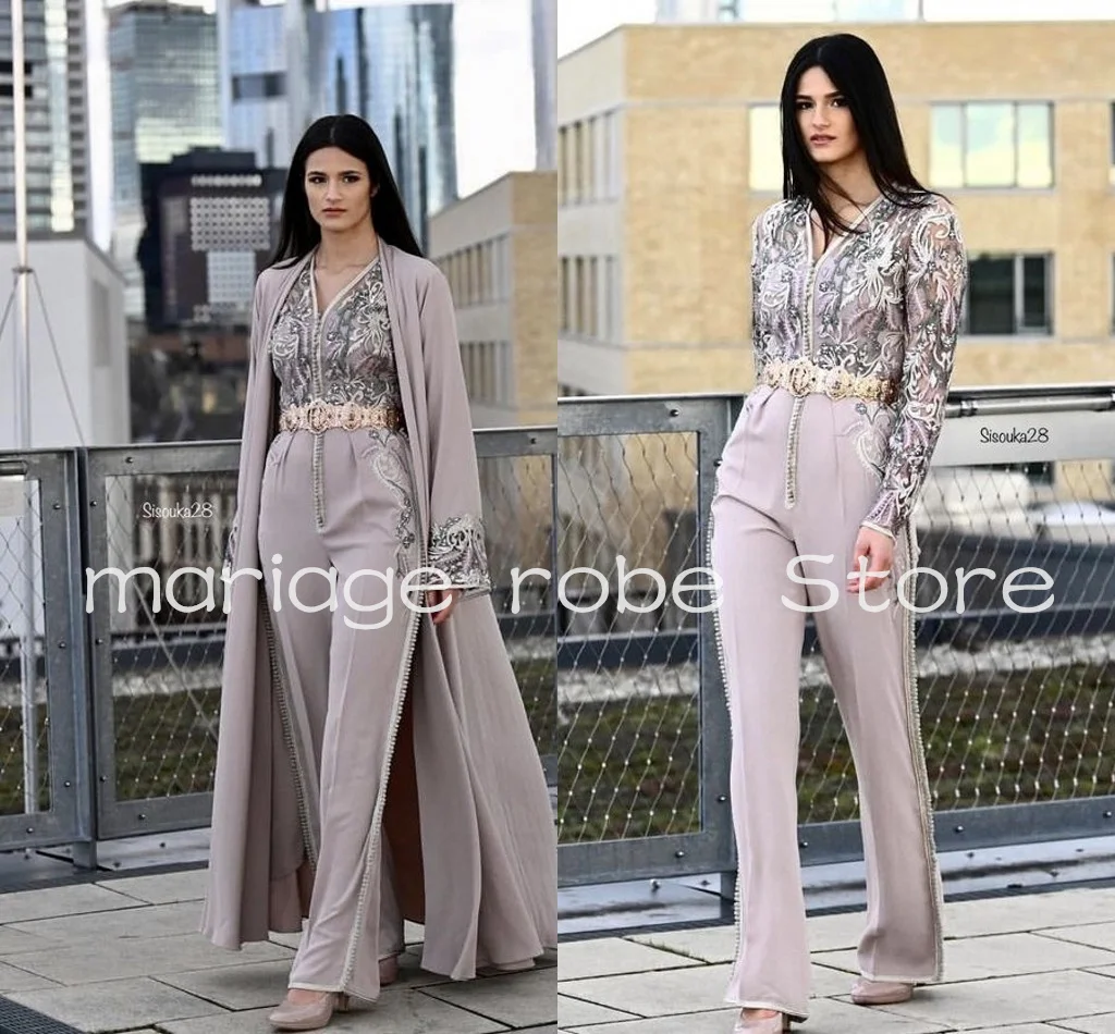 Grey Chiffon Moroccan Caftan Jumpsuit Prom Dresses with Cape Wrap Lace Embroidery Beaded Romeo Evening Gown Pant Suit