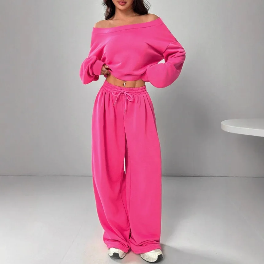 

Fashion Pant Set Casual Knit Track Suit Neck Off Shoulder Short Sleeved Top+Lace Up Loose Pants 2 Pieces Set For Woman Outfits