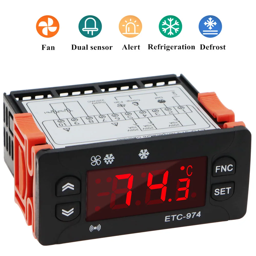 ETC-974 Thermostat Temperature Controller Digital Temp Control Thermometer Refrigeration Alarm 220V NTC Sensor