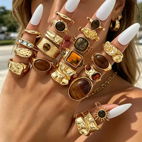 20Pcs Vintage Tiger Eye Ring Set for Women Sun Hammer Pattern Multi-Gemstone Opening Stacked Summer Beach Luxury Fashion Jewelry