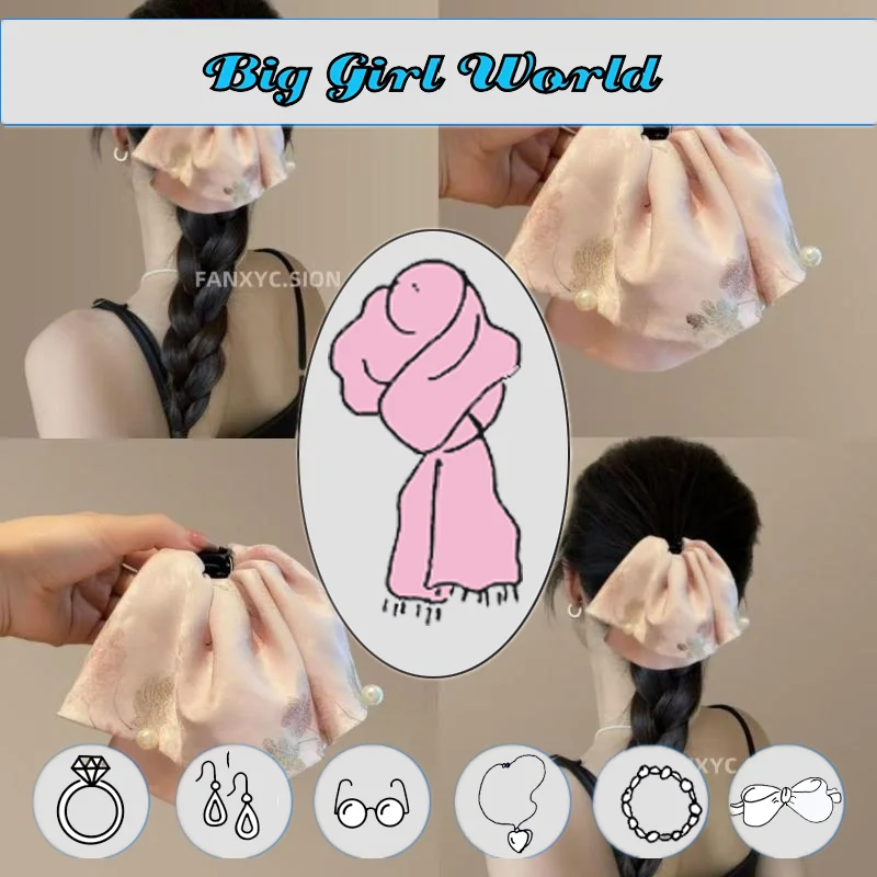 جديد النمط الصيني الأنيق المطبوعة الساتان اللؤلؤ ذيل حصان مشبك شعر إكسسوارات الشعر للنساء أغطية الرأس #2