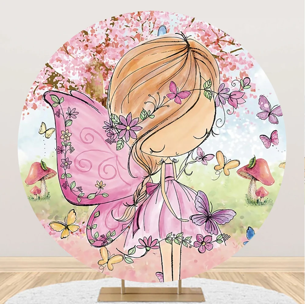 Laeacco Girl Birthday Round Photo Backdrop Fairy Pink Sakura Butterfly Baby Shower Princess Portrait Customized Photo Background