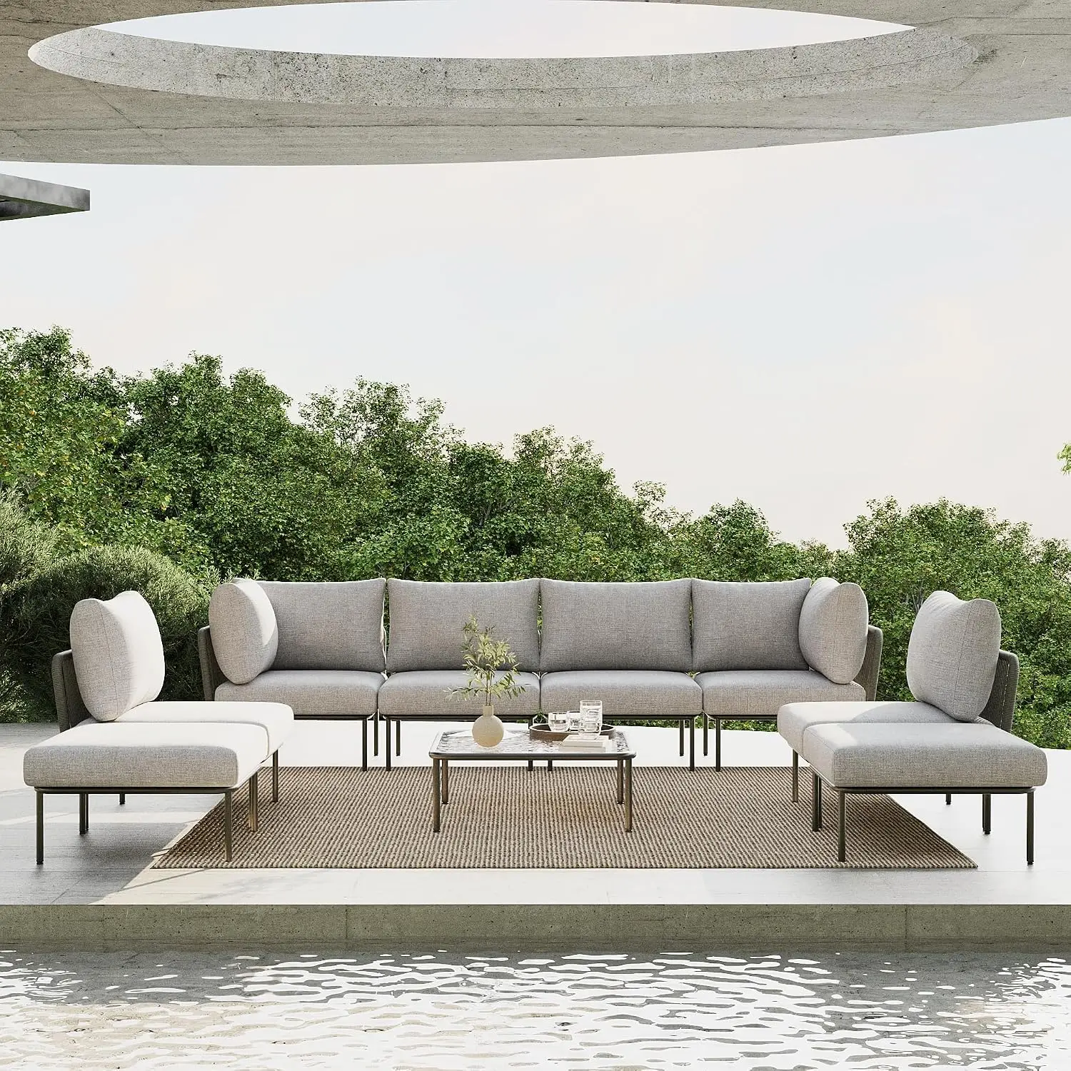 9 Piece Modern Outdoor Rope Wicker Sectional Set, Patio L-Shaped Conversation Sofa Set with Deep Seating with Thick, Custom
