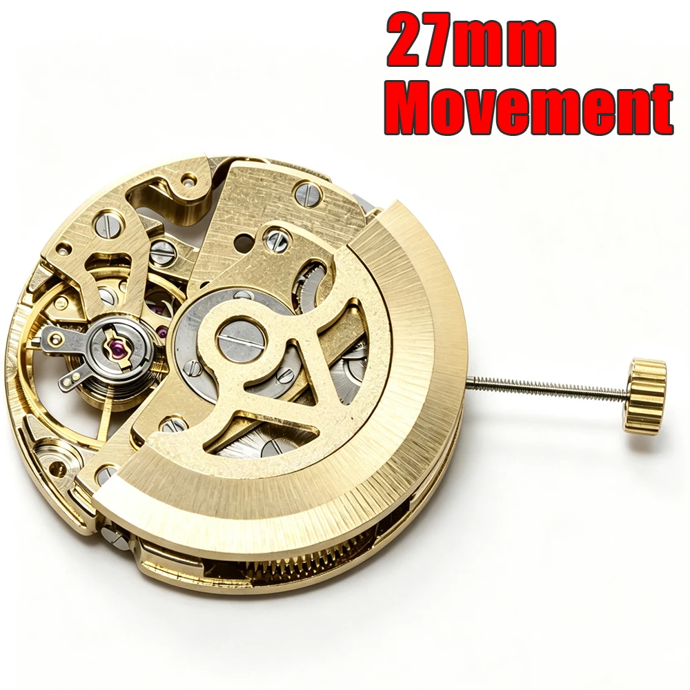 Gold Skeleton 27mm Movement Single Calendar Automatic Adjustment Pendulum 3 Hands Compatible Complete DIY Kit for Watchmaker