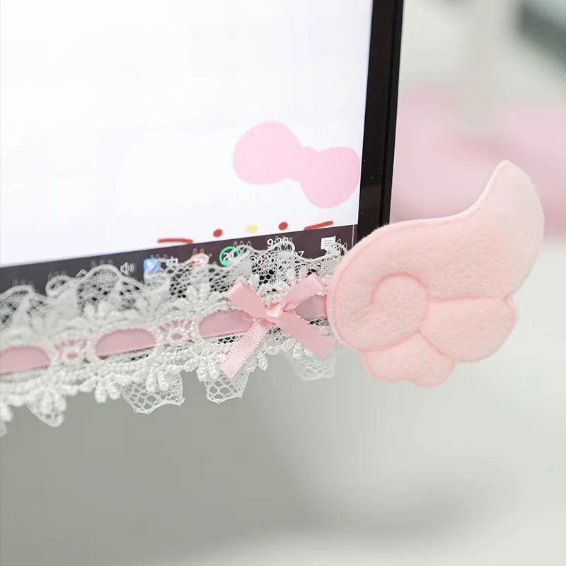 

Cute Lace Monitor Frame Decor with Angel Wings Kawaii Bow Desk Screen Decorative Strip for Gaming Room PC Monitor Accessories